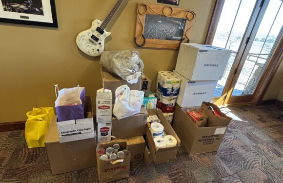 A room with a wall-mounted guitar, framed photo, and a small window. Several cardboard boxes and paper bags contain paper towels, canned goods, and other supplies.