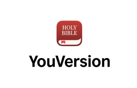 A white background features a red square icon with a white bookmark symbol, and "HOLY BIBLE" text. Below, bold black text reads "YouVersion".