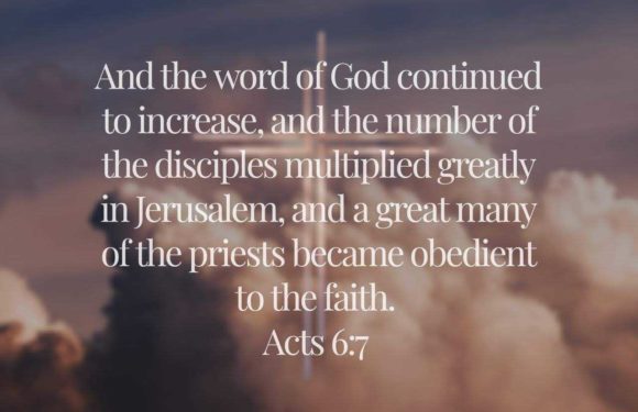 A quote from Acts 6:7 over a sky background with clouds and a cloudy purple hue, emphasizing the growth of disciples and faith.