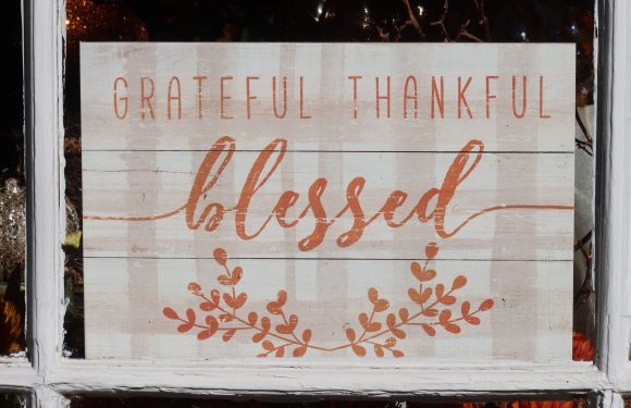 A wooden sign with the words "GRATEFUL THANKFUL blessed" written in orange and cursive, decorated with a leafy branch design, displayed in a window.