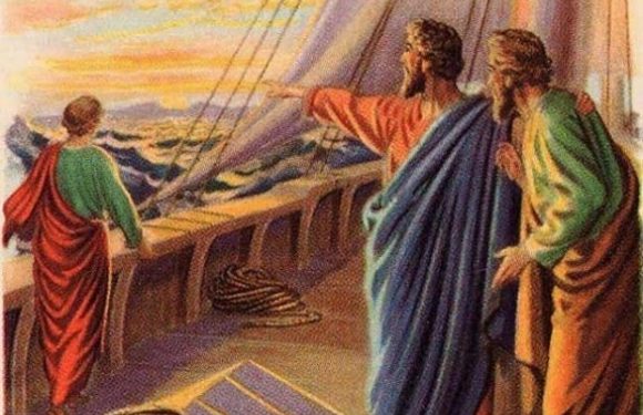Three men in colorful robes stand on the deck of a ship at sunset, one pointing towards the horizon while another observes; a coiled rope rests on a nearby table.