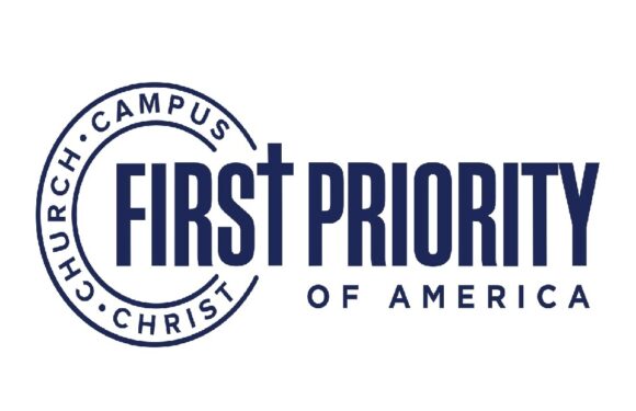 The image features a logo with the text "FIRST PRIORITY" in large letters, encircled by the words "CHURCH," "CAMPUS," and "CHRIST." The logo has a clean, simple design on a white background.