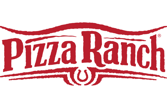 A red and black logo with the words "Pizza Ranch" in stylized text, featuring a wave and a circular design element beneath the text on a transparent background.