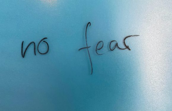 The phrase "no fear" written with black string or thread on a light blue background.
