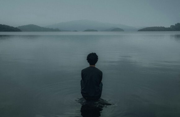 A person in a suit stands waist-deep in a calm, expansive lake, facing away toward distant hills and a moody, overcast sky.