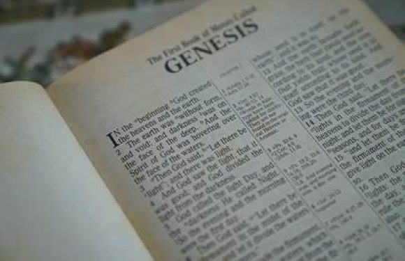 Open Bible opened to the book of Genesis, showing two columns of printed text on cream-colored pages.