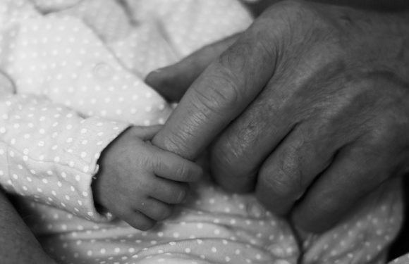 A tiny hand holding an adult's finger with both wearing long-sleeved clothing, with the child's sleeve featuring white polka dots.