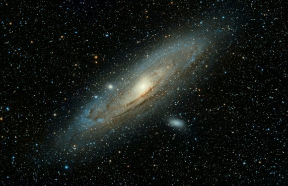 A galaxy with a bright center, surrounded by stars and cosmic dust, set against a black background filled with numerous small stars.
