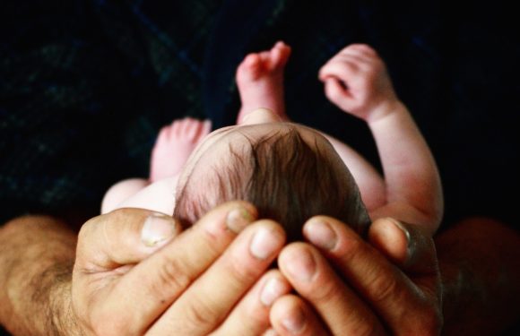 A newborn baby's head cradled in adult hands, with arms and legs partly visible against a dark background. The baby is unwrapped, showing soft skin and hair.