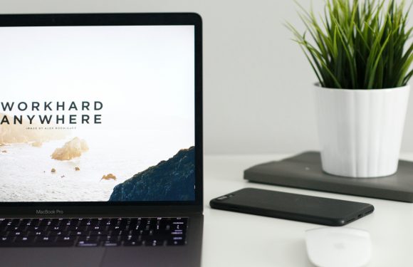 A workspace with a MacBook Pro displaying "Workhard Anywhere," a smartphone, a white computer mouse, a closed laptop, and a potted green plant on a white desk.