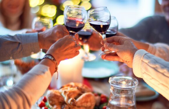 People raising glasses of red wine for a toast at a festive dinner table with a roasted turkey, bowls of nuts, and Christmas lights in the background.