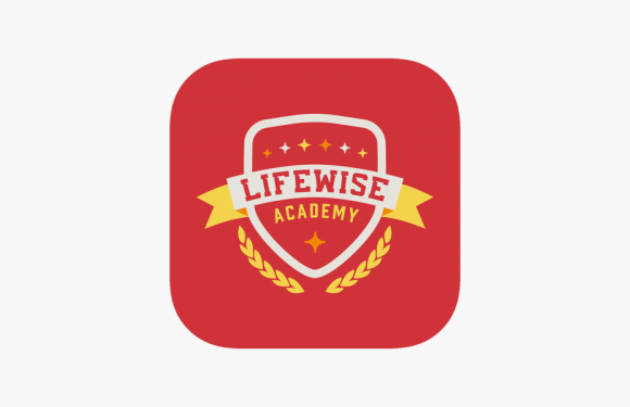 Red square icon with rounded edges featuring a shield emblem in the center, a yellow banner with "LIFEWISE" and "ACADEMY," surrounded by stars and laurel leaves.