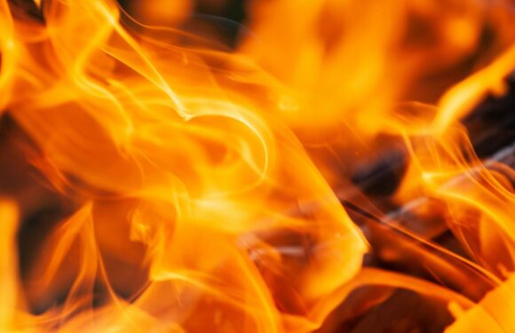 Bright orange flames swirling with hints of yellow and black smoke, with some dark charred areas visible at the bottom.