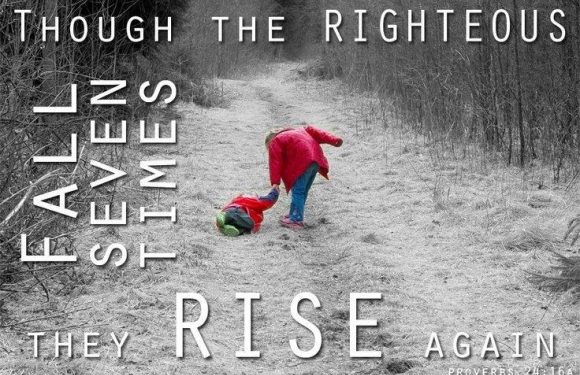 A child in a red jacket helping another child in a red jacket and hat up a dirt path surrounded by bare trees; overlaid with inspirational text in white.