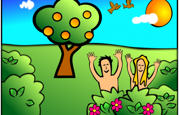 A bright, cartoon-style illustration of two happy people with raised hands emerging from green bushes, with a large tree, birds, and a sun in a blue sky.