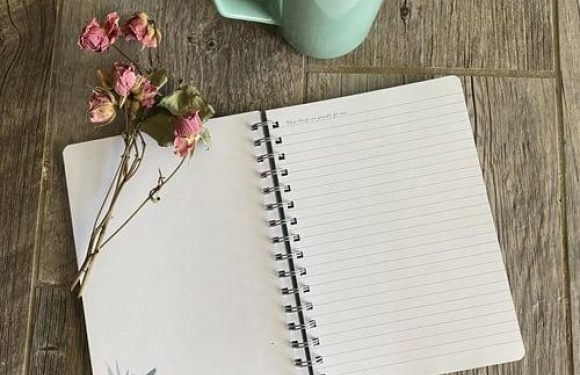 An open lined notebook with dried pink flowers on the left page, a mint green mug filled with coffee above it, all on a rustic wooden surface.