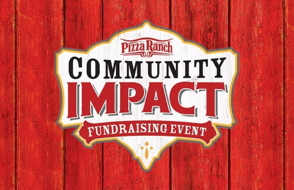Red wooden background with a white shield-shaped sign featuring "Pizza Ranch" at the top and "Community Impact Fundraising Event" in bold black and red letters.