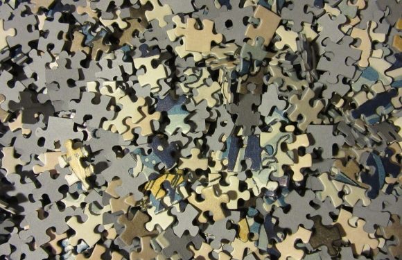 A pile of assorted jigsaw puzzle pieces in various shades of gray, black, and beige, scattered randomly with some interlocked and others loose.