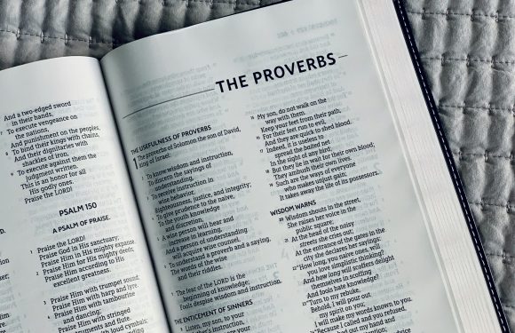 An open book resting on a quilted fabric surface, displaying a page titled "THE PROVERBS," with sections including "THE USEFULNESS OF PROVERBS" and "PSALM 150."