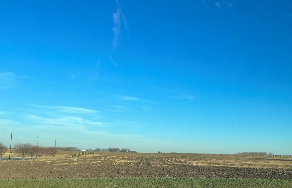 A wide, open farmland with freshly plowed fields extends toward the horizon under a clear blue sky with wispy clouds. A row of trees lines the left side of the image.