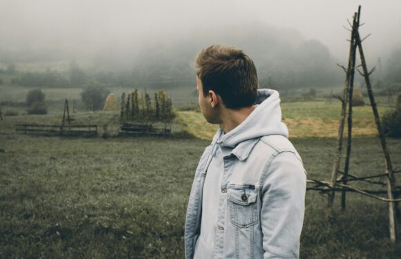 A young man in a light denim jacket and hoodie looks to the side in a misty outdoor field with haystacks and wooden structures.