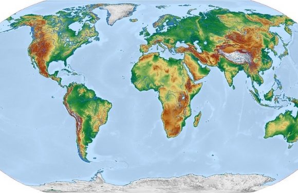 A world map displaying continents with elevation shading—green for lowlands and yellow to brown for higher terrains—on an oval projection with a white background.