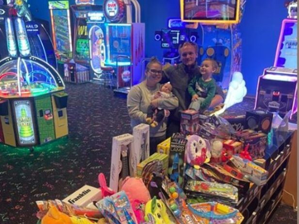 Family donating prizes picked out in Helena, MT Fun Zone