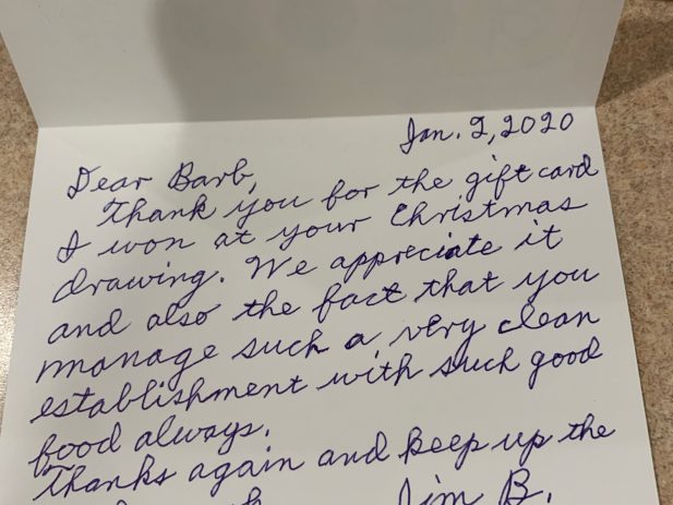 Handwritten Thank You Note from a guest winning a prize