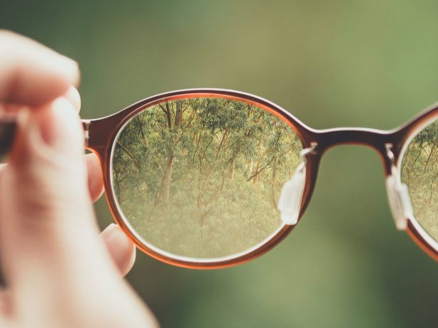 hand holding glasses away from body with image of trees, grass in focus through the lens.