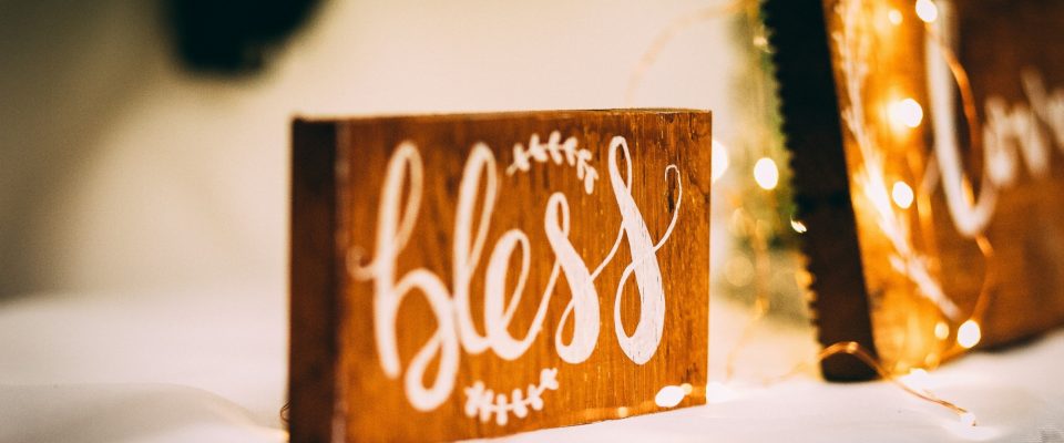 Brown block angled slightly right with the word bless on it in white