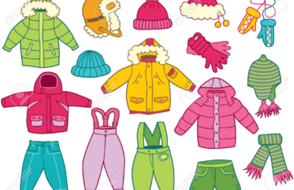 Collection of colorful winter clothing including jackets, hats, gloves, scarves, and snow pants in various bright colors and patterns.