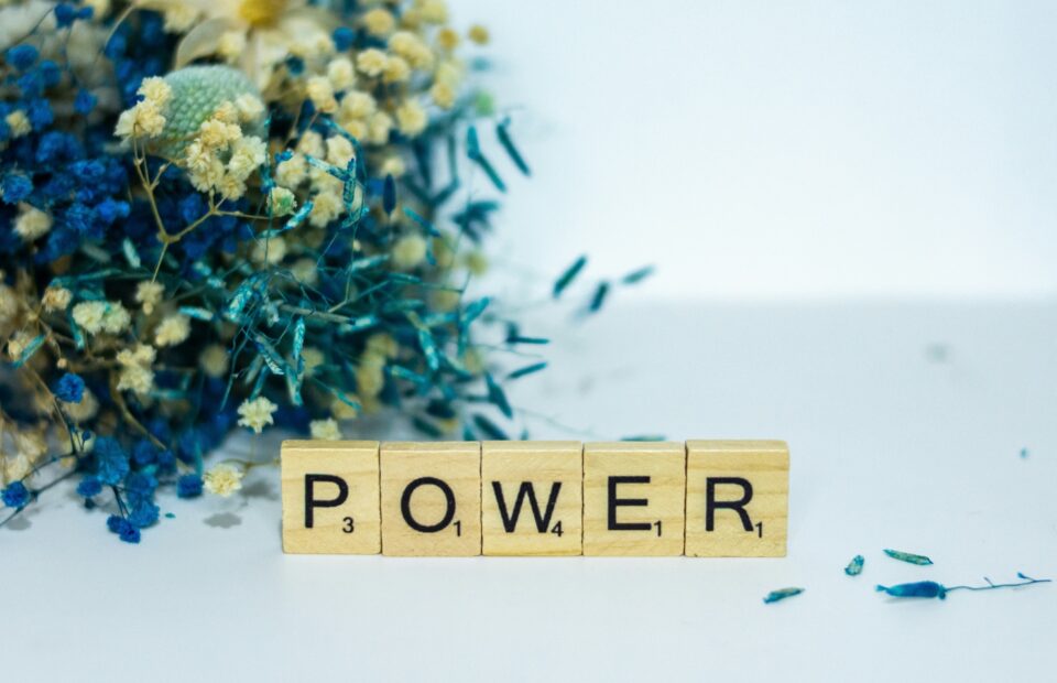 A bouquet of small blue and white flowers beside wooden Scrabble tiles spelling "POWER" on a white surface.