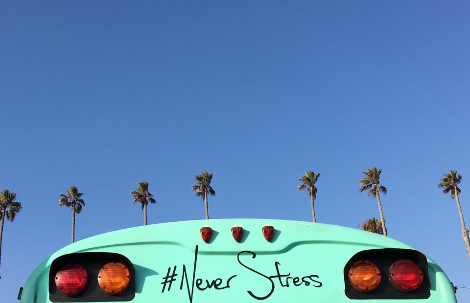 A turquoise vehicle with palmtrees and a clear blue sky in the background. The back has the hashtag "#Never Stress" written on it.
