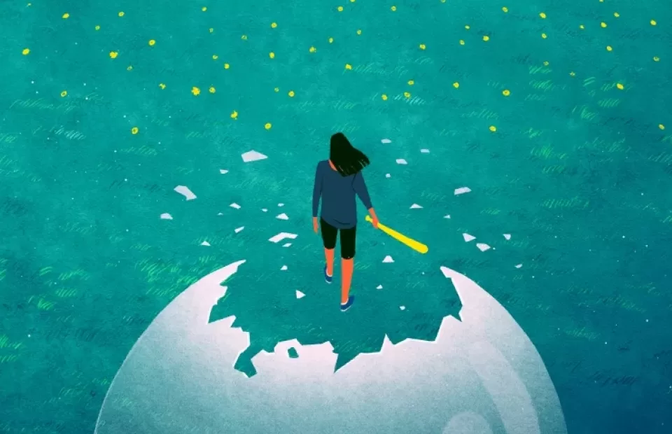 A girl in a blue jacket and black shorts walks across a cracked, spherical world on grass, holding a yellow object, with a starry sky background.