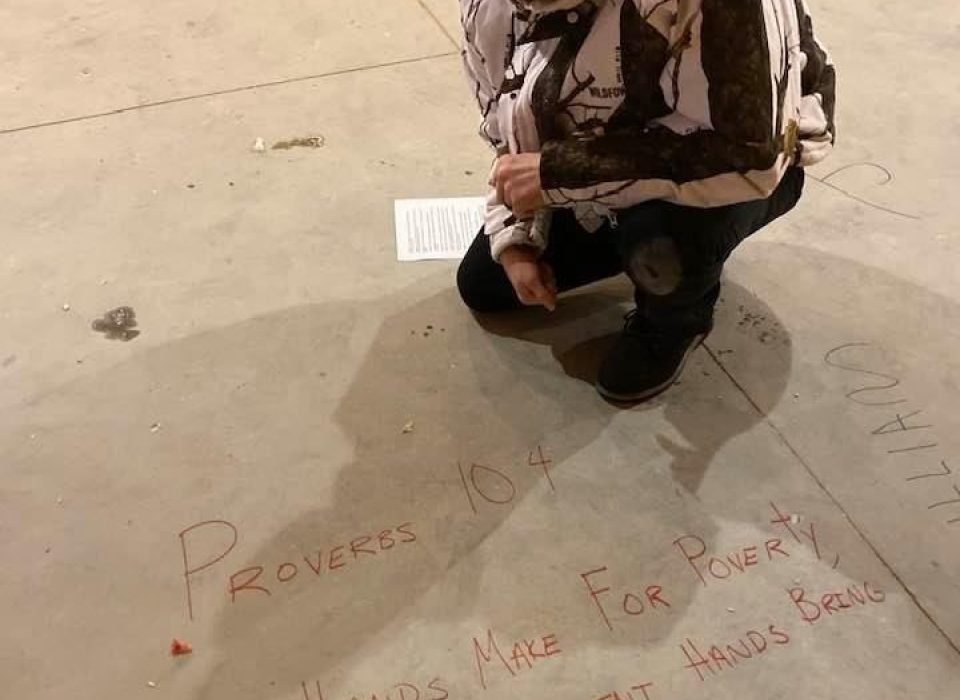 Writing bible verses on the floor of the Cedar Rapids Pizza Ranch