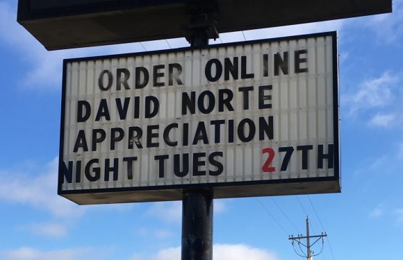 A vertical sign for Pizza Ranch features the restaurant's logo at the top and a message board below displaying the text: "ORDER ONLINE DAVID NORTE APPRECIATION NIGHT TUES 27TH".