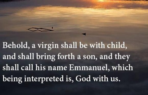 A peaceful lake at sunset with calm water reflecting the sky, and a partially submerged wooden structure and a small buoy. Overlaid text quotes Matthew 1:23.