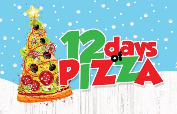 A colorful holiday-themed image features a decorated pizza slice shaped like a Christmas tree, with the text "12 days of pizza" beside it, set against a snowy background with pine trees.