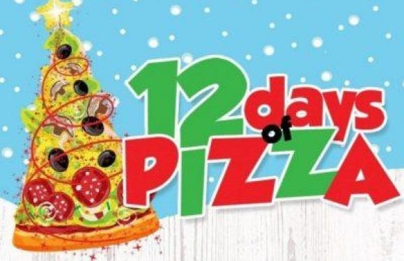 A decorated Christmas tree with colorful ornaments, lights, and a star on top, alongside text reading "12 days of PIZZA" in bold, festive colors.