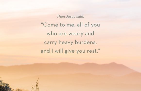Sunset over mountains with a quote from Matthew 11:28 about Jesus offering rest to the weary.
