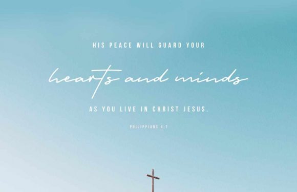 A clear sky with a church roof topped by a cross at the bottom, and a religious quote from Philippians 4:7 centered above it in white text.