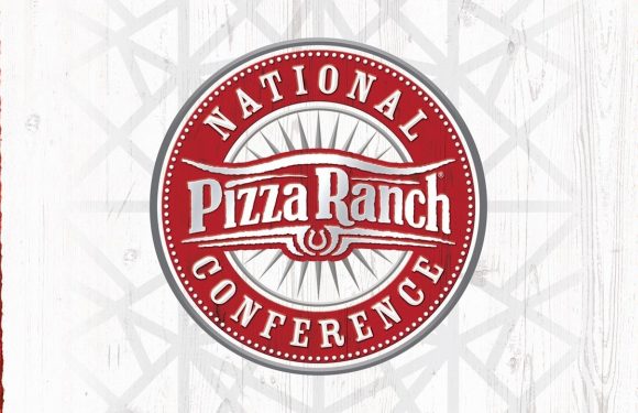A circular logo with a red background and white text that reads "National Pizza Ranch Conference" on a white and red textured background.