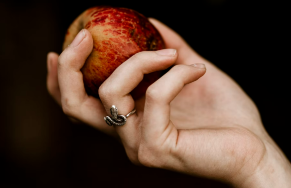 A hand holding a red and yellow speckled apple, wearing a silver ring with a small decorative element. The background is dark and blurred.