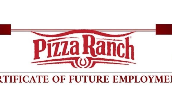 A certification card with the Pizza Ranch logo, a red border with two pizza slice icons, and the text "Certificate of Future Employment" at the bottom.