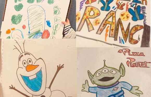 Four colorful drawings, including a garden scene with a rainbow and various shapes, a vibrant "Pizza Ranch" sign, a cheerful snowman, and a cute alien character.