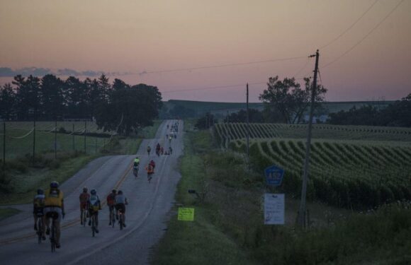 Group of cyclists riding on a rural road at dusk, with fields, trees, and utility poles in the background. Some members are wearing high-visibility gear.