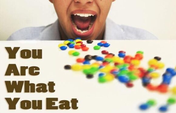 A person with an open mouth looks at a pile of colorful candies on a white surface, with the text "You Are What You Eat" written in large brown letters.
