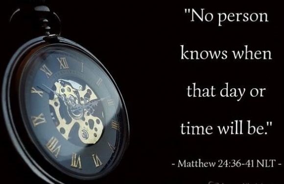 A black pocket watch showing gears inside, alongside a quote from Matthew 24:36-41 about the unpredictability of time, on a black background.
