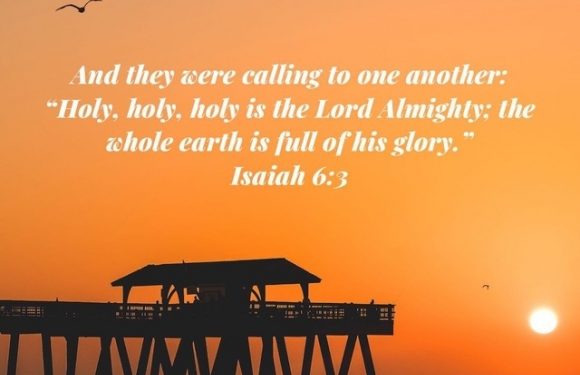 Sunset over the ocean with a pier, a bird flying overhead, and a quote from Isaiah 6:3: "Holy, holy, holy is the Lord Almighty; the whole earth is full of his glory."