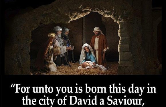 Nativity scene with Mary, Joseph, and three wise men around baby Jesus in a manger, set outdoors at night with a mountain silhouette in the background.